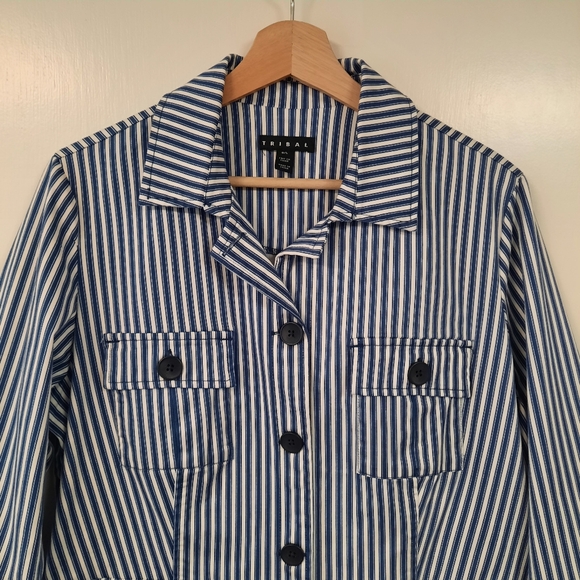 Tribal Utility Jacket Sz L Button Front Roll Tab Sleeve Blue White Stripe - Picture 3 of 11